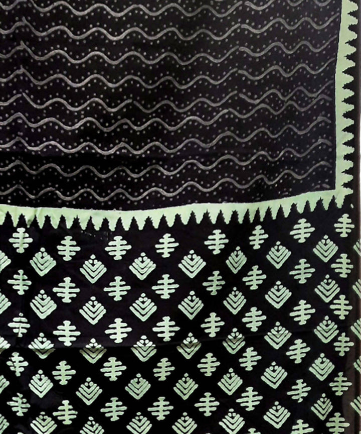 Black light green hand block printed cotton saree