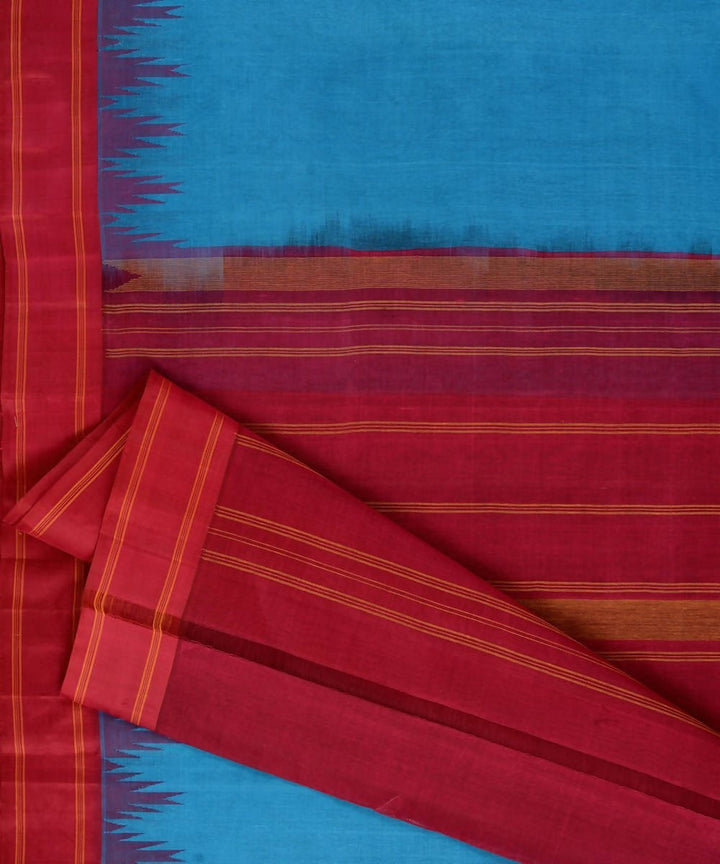 Ananda blue kanchi cotton saree dark red silk korvai temple border
