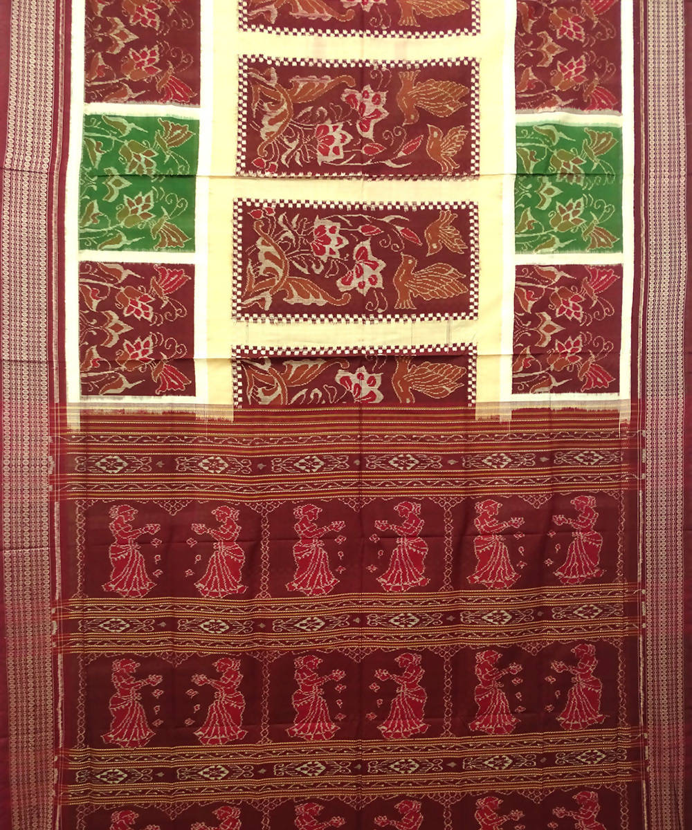 Brown and green handwoven ikat cotton saree