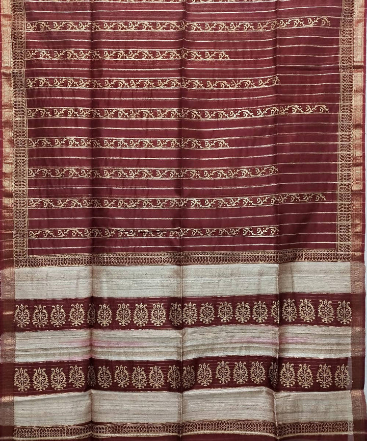 Dark scarlet handwoven cotton silk maheshwari saree