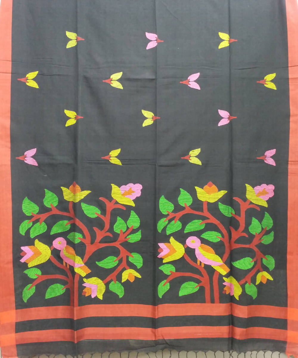 Black Red Handloom Handspun Cotton Saree