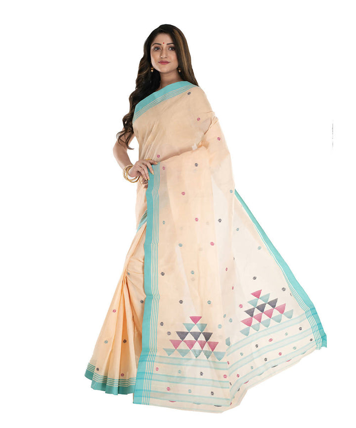 Offwhite cyan blue handwoven jamdani cotton bengal saree