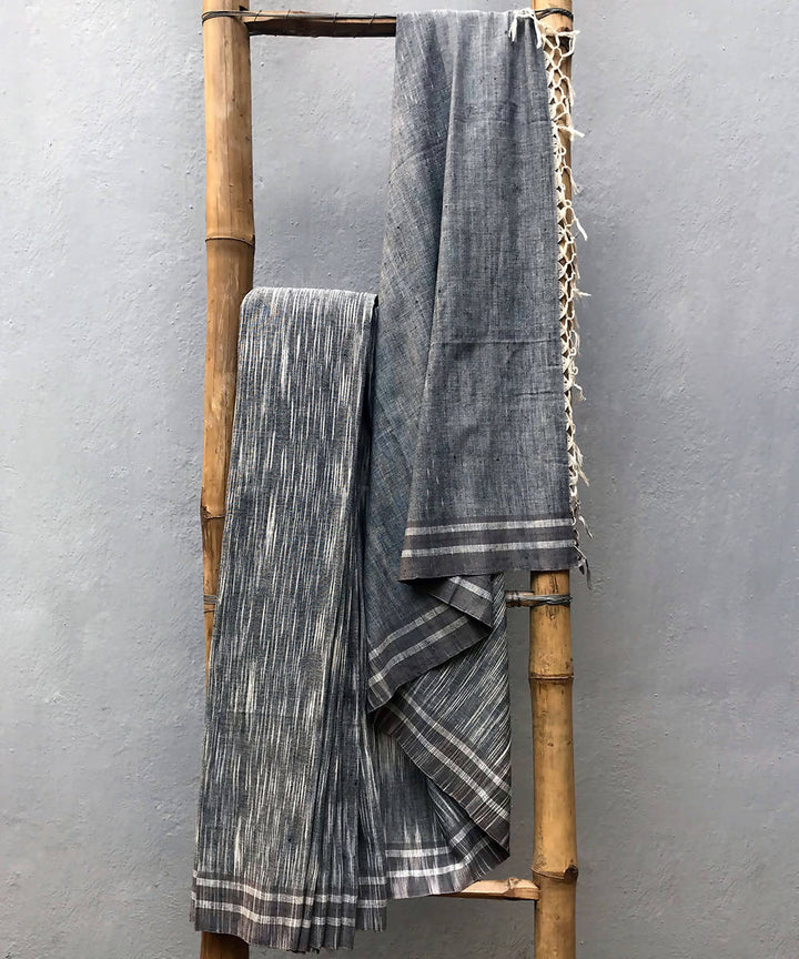 Grey white handspun handwoven dip dye cotton saree