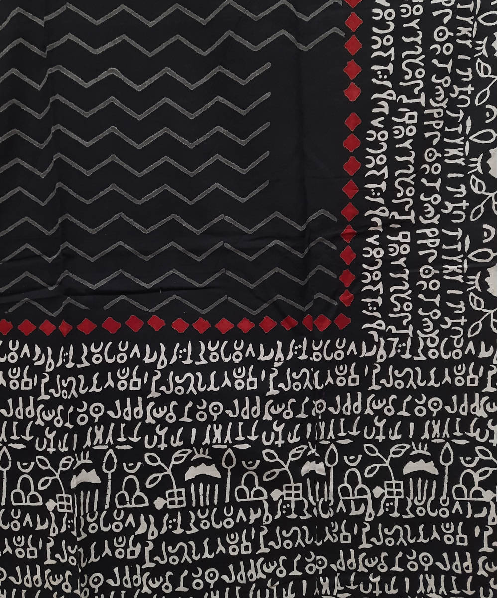 Black handblock printed abstract pattern mul cotton saree
