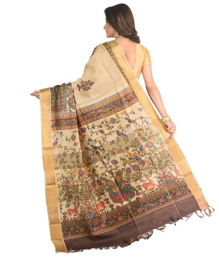 Tasar Natural Color hand block print handwoven mulberry and tussar silk saree