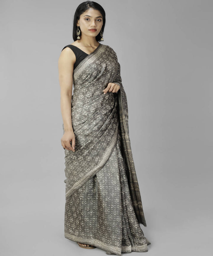 Grey bagru handblock printed tussar silk saree