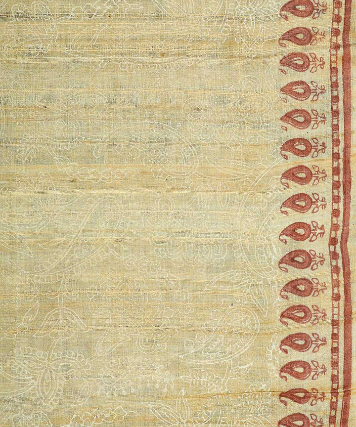 Kiara crafts beige handwoven hand block print tussar silk saree