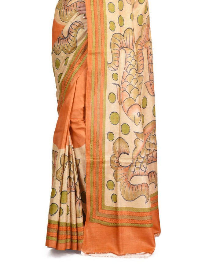 Orange exclusive bengal tasar saree with hand embroidery work