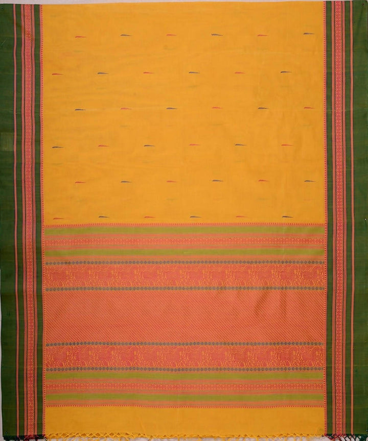 Yellow handloom kanchi cotton saree with mallimoggu butti green border