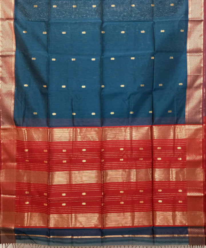 Teal blue red handwoven cotton silk maheshwari saree