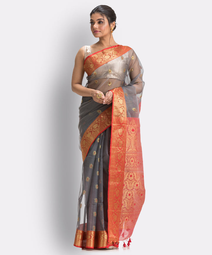 Grey bengal Handwoven Silk Tangail Saree