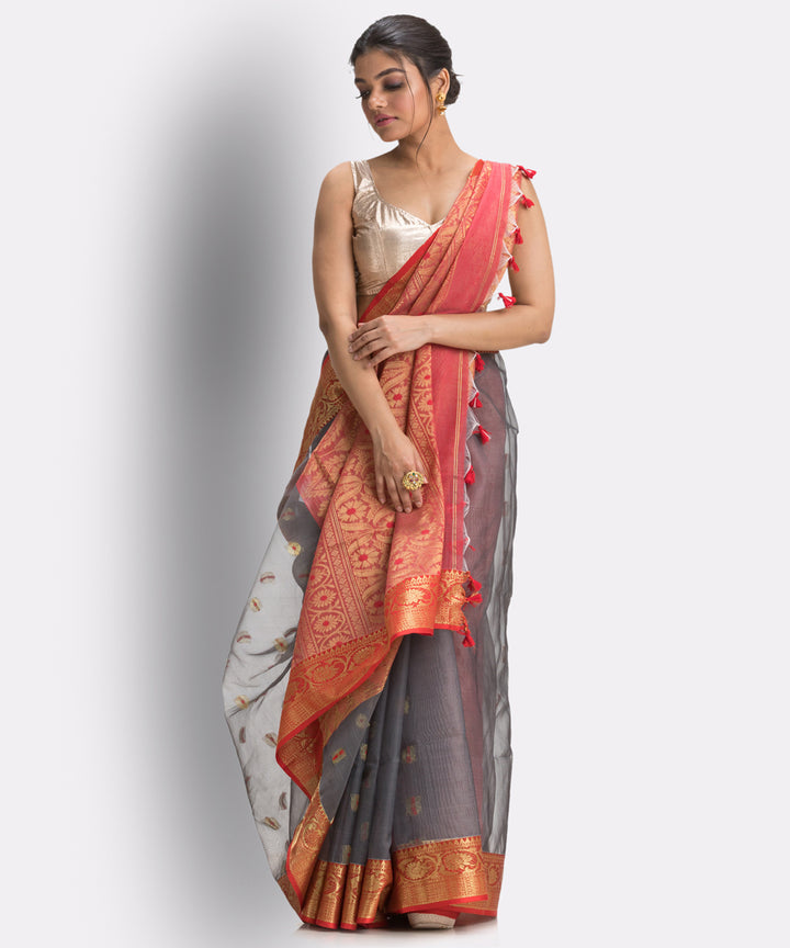Grey bengal Handwoven Silk Tangail Saree