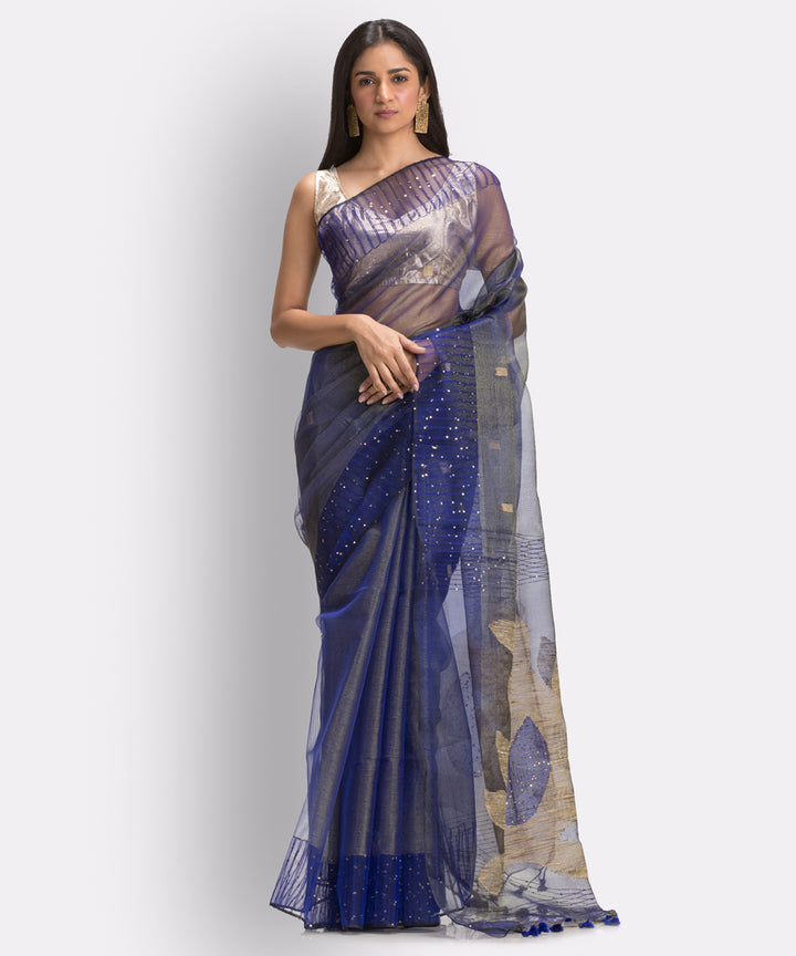 Navy Blue bengal Handwoven Silk Jamdani Saree