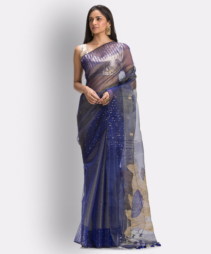 Navy Blue bengal Handwoven Silk Jamdani Saree