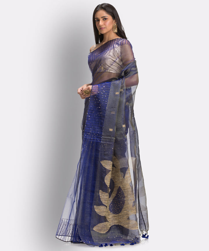 Navy Blue bengal Handwoven Silk Jamdani Saree