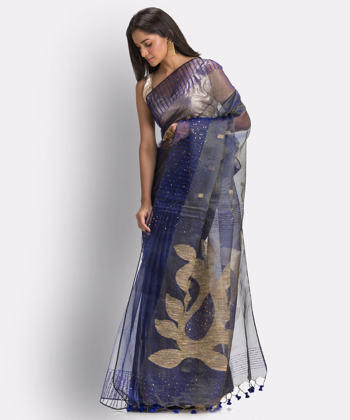 Navy Blue bengal Handwoven Silk Jamdani Saree