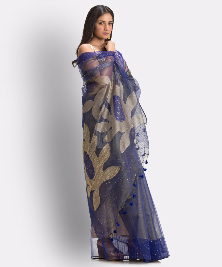 Navy Blue bengal Handwoven Silk Jamdani Saree