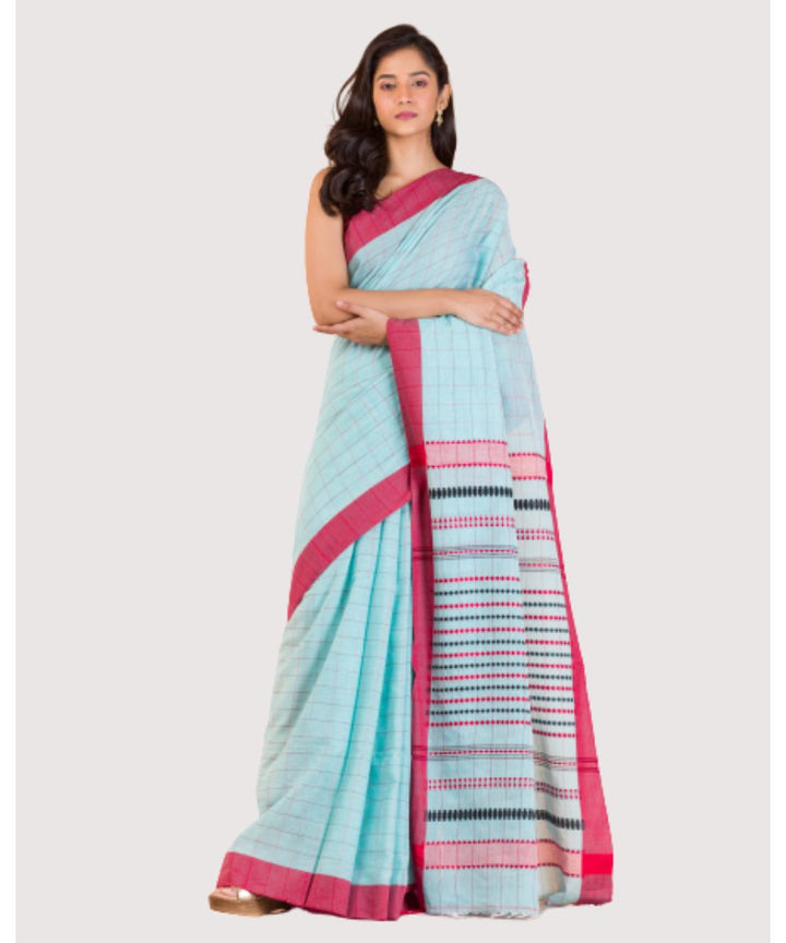 Sky blue red handwoven bengal cotton saree