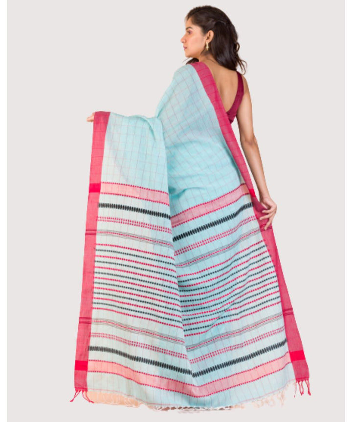 Sky blue red handwoven bengal cotton saree