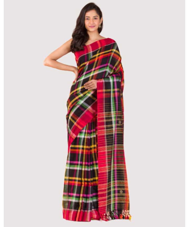 Black red checks handwoven bengal cotton saree