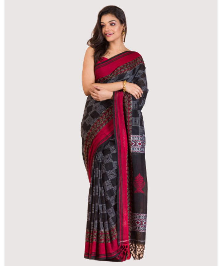 Black red handwoven bengal cotton saree