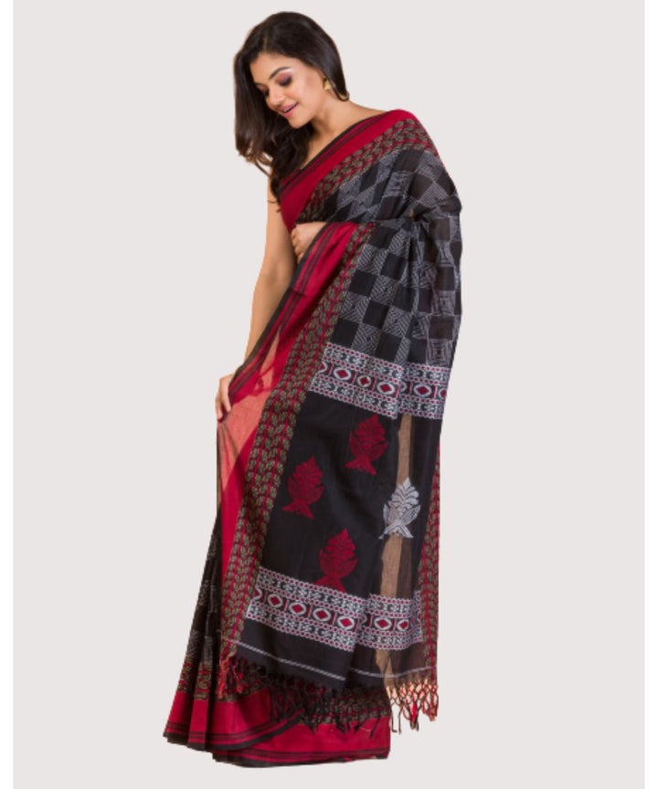 Black red handwoven bengal cotton saree