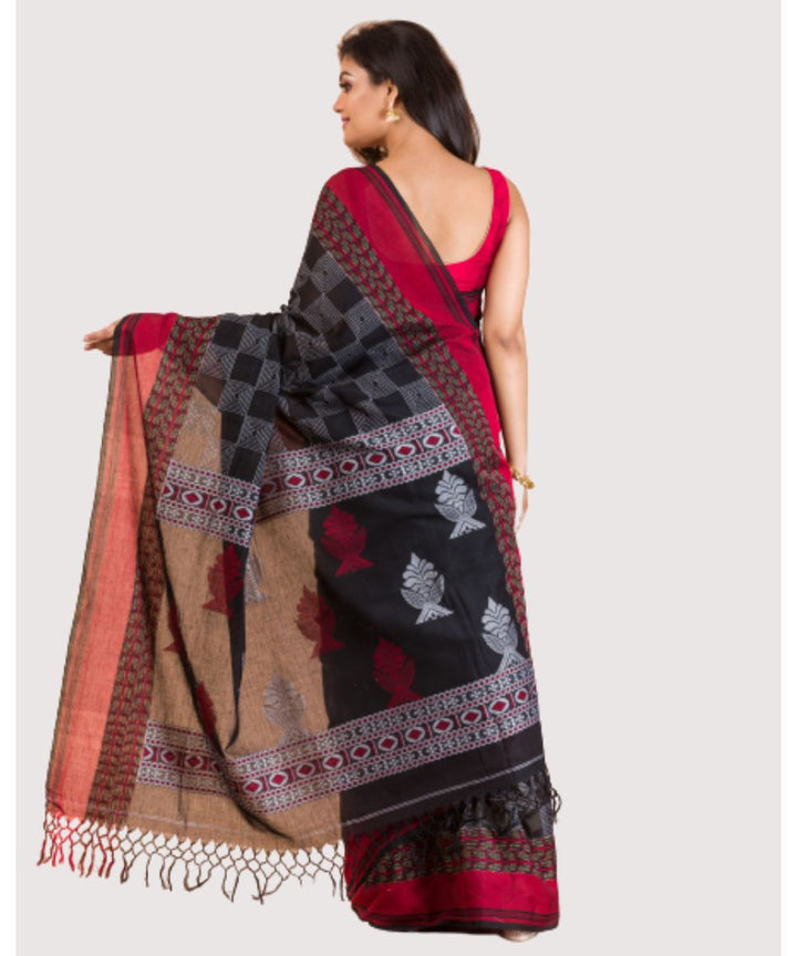 Black red handwoven bengal cotton saree