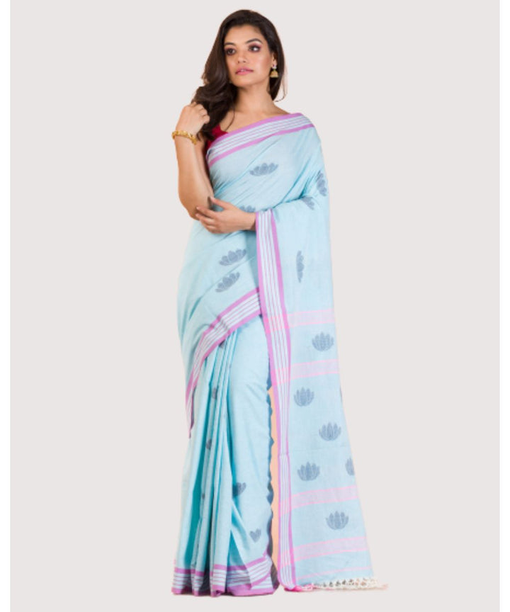 Sky blue handwoven bengal cotton jamdani saree