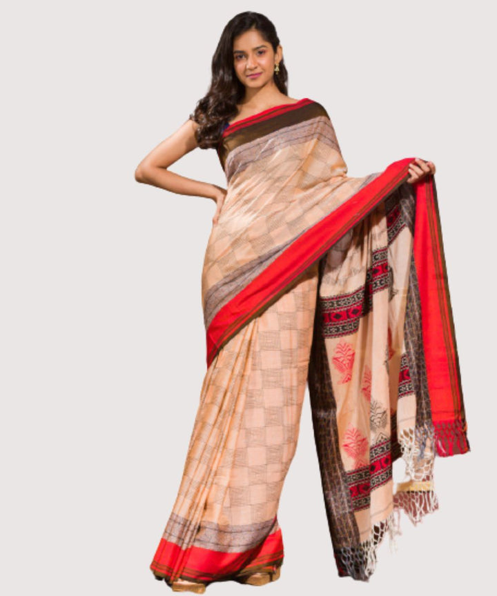 Cream red handwoven bengal cotton saree