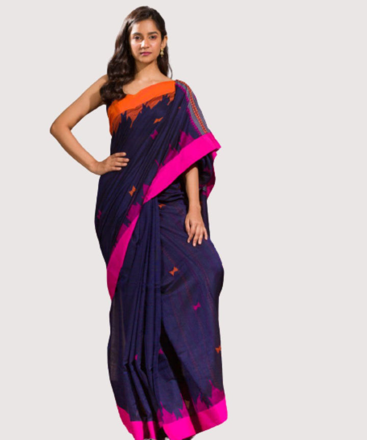 Navy blue pink handwoven bengal cotton saree