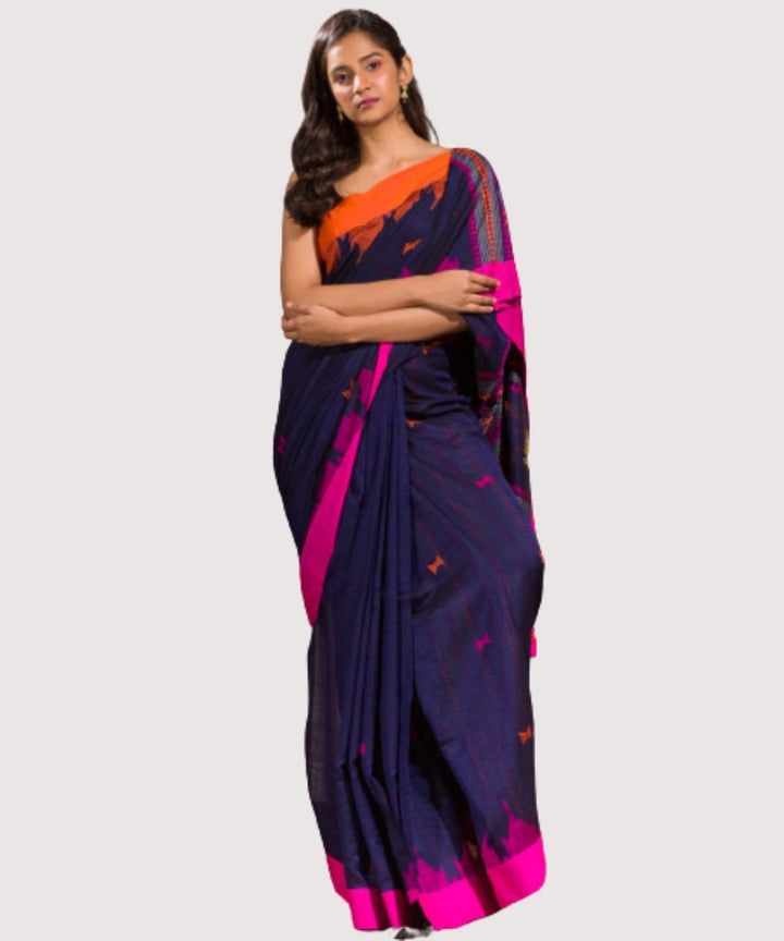 Navy blue pink handwoven bengal cotton saree