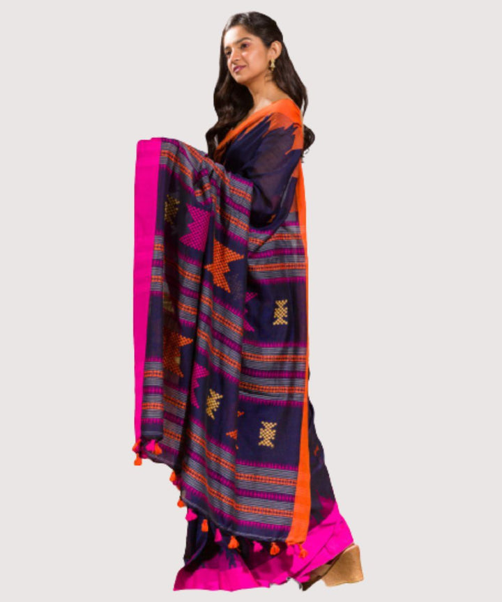 Navy blue pink handwoven bengal cotton saree