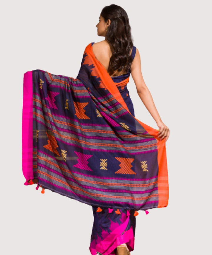 Navy blue pink handwoven bengal cotton saree