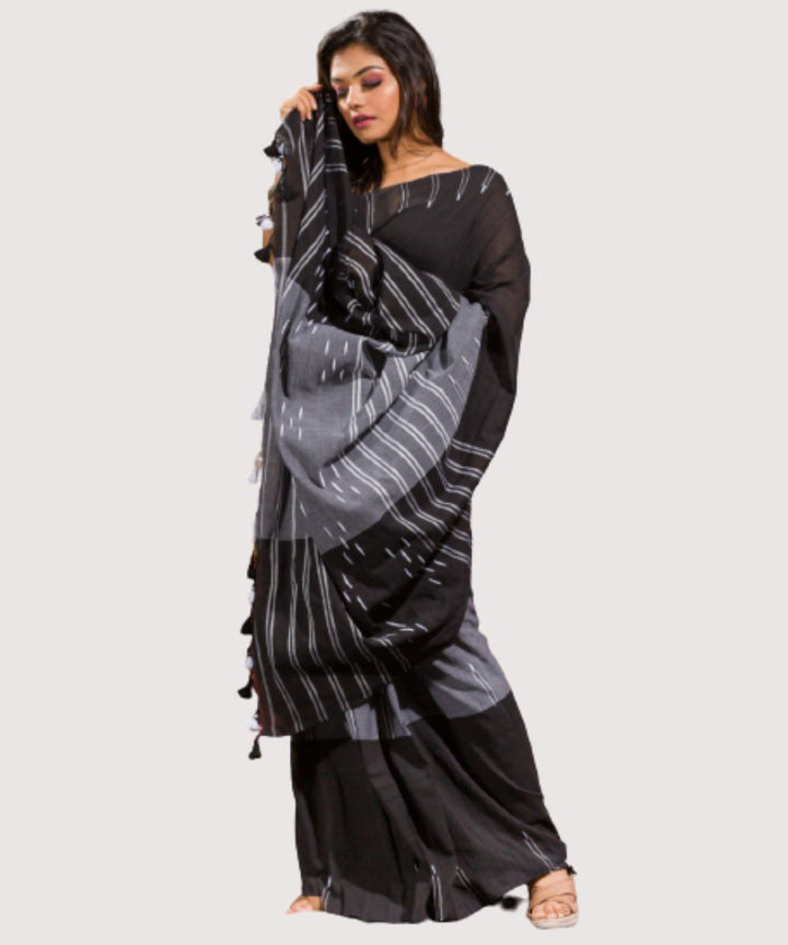 Black grey handwoven bengal cotton saree