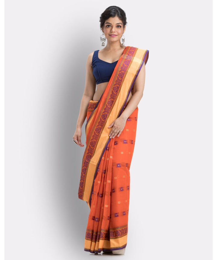 Orange shantipuri handwoven cotton saree