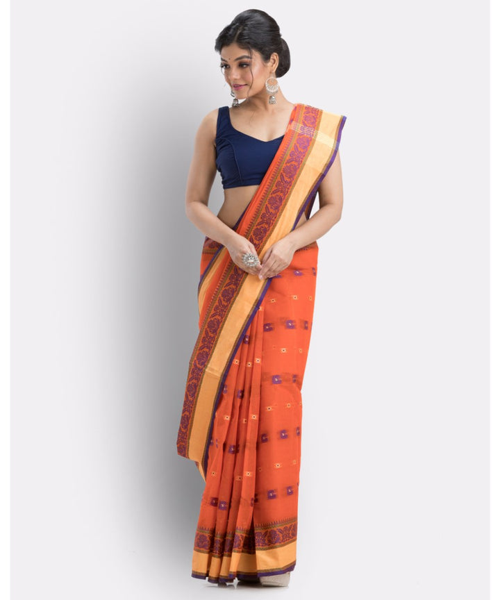 Orange shantipuri handwoven cotton saree