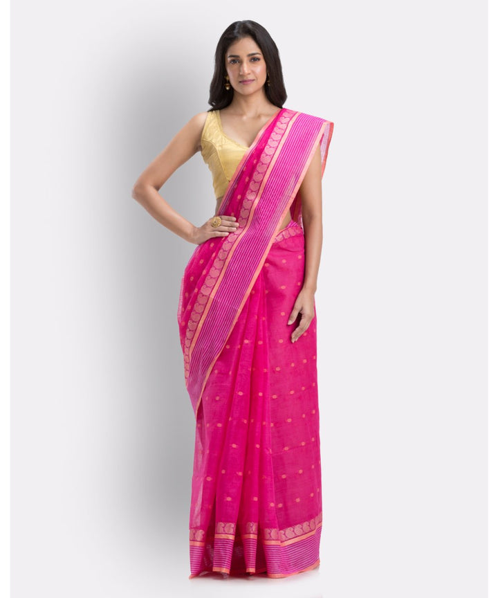 Pink shantipuri cotton handwoven saree