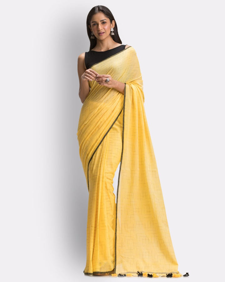 Yellow handwoven mul cotton bengal saree