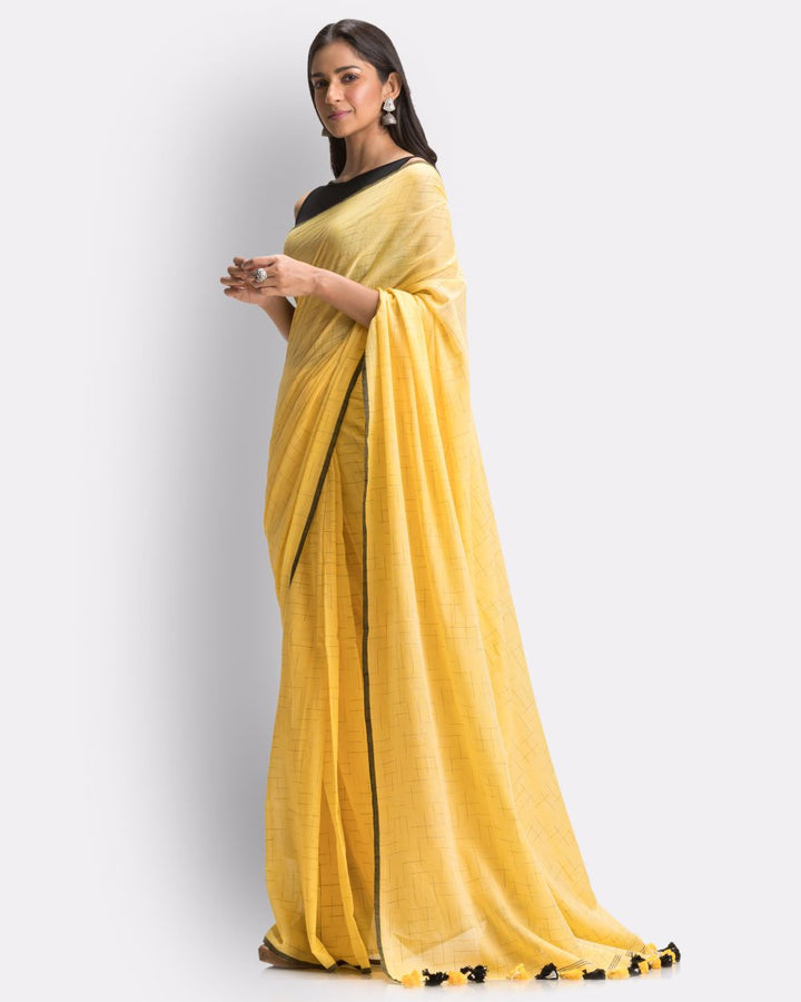 Yellow handwoven mul cotton bengal saree