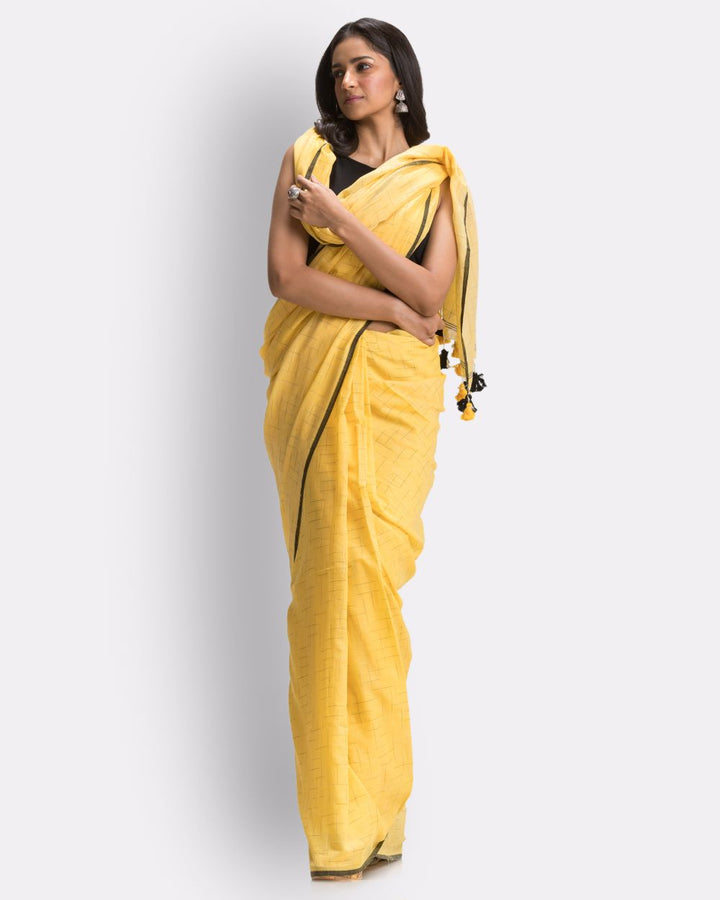 Yellow handwoven mul cotton bengal saree