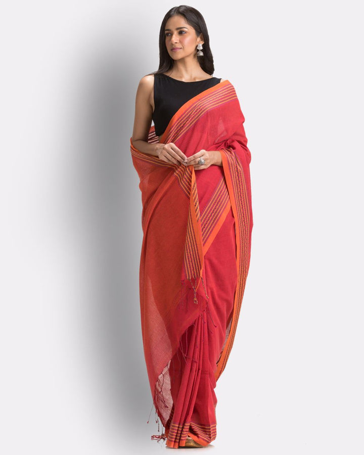 Brick red handwoven mul cotton bengal saree