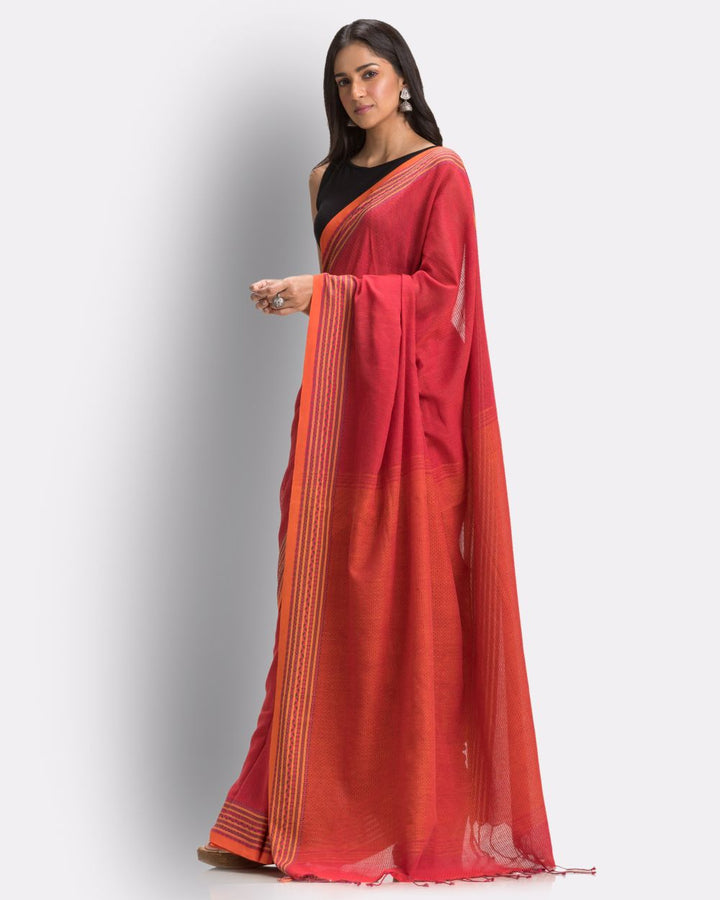 Brick red handwoven mul cotton bengal saree