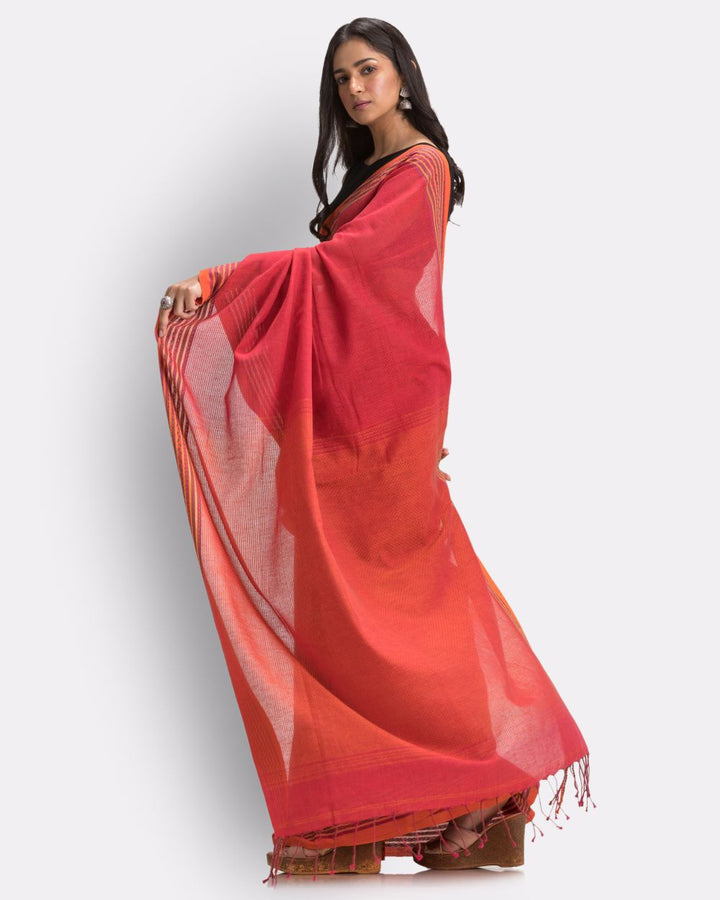 Brick red handwoven mul cotton bengal saree