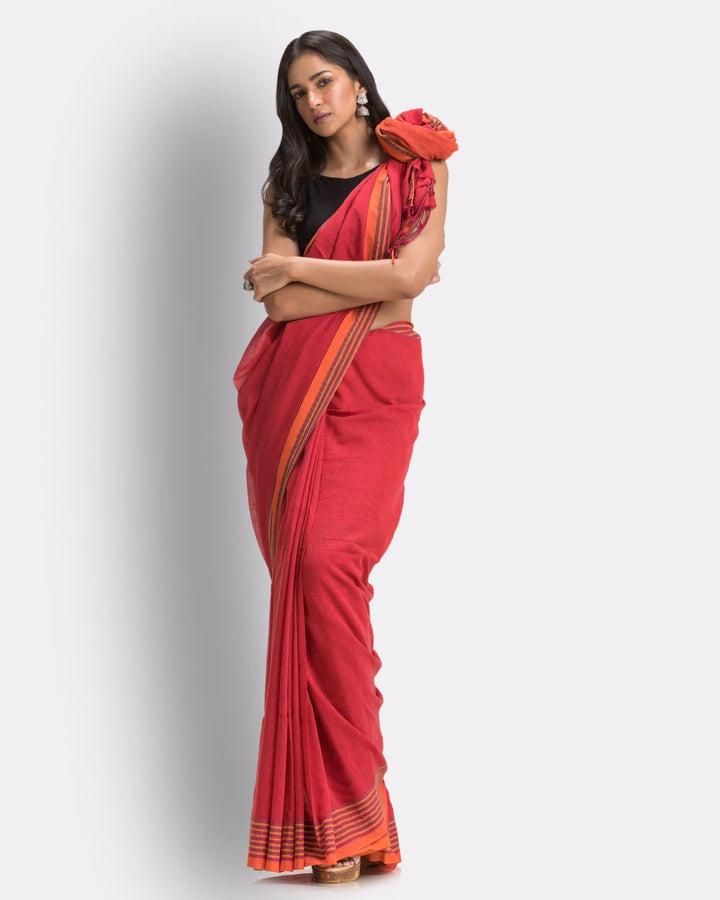 Brick red handwoven mul cotton bengal saree
