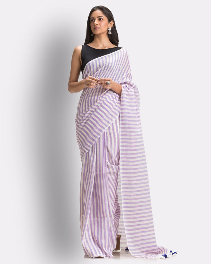Purple white striped handwoven mul cotton bengal saree