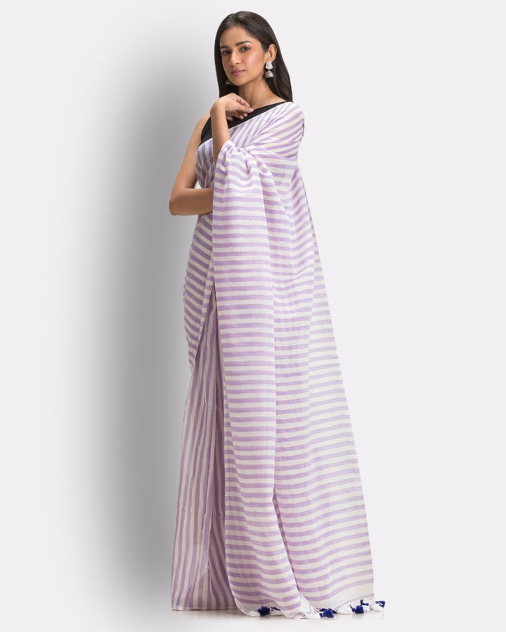 Purple white striped handwoven mul cotton bengal saree