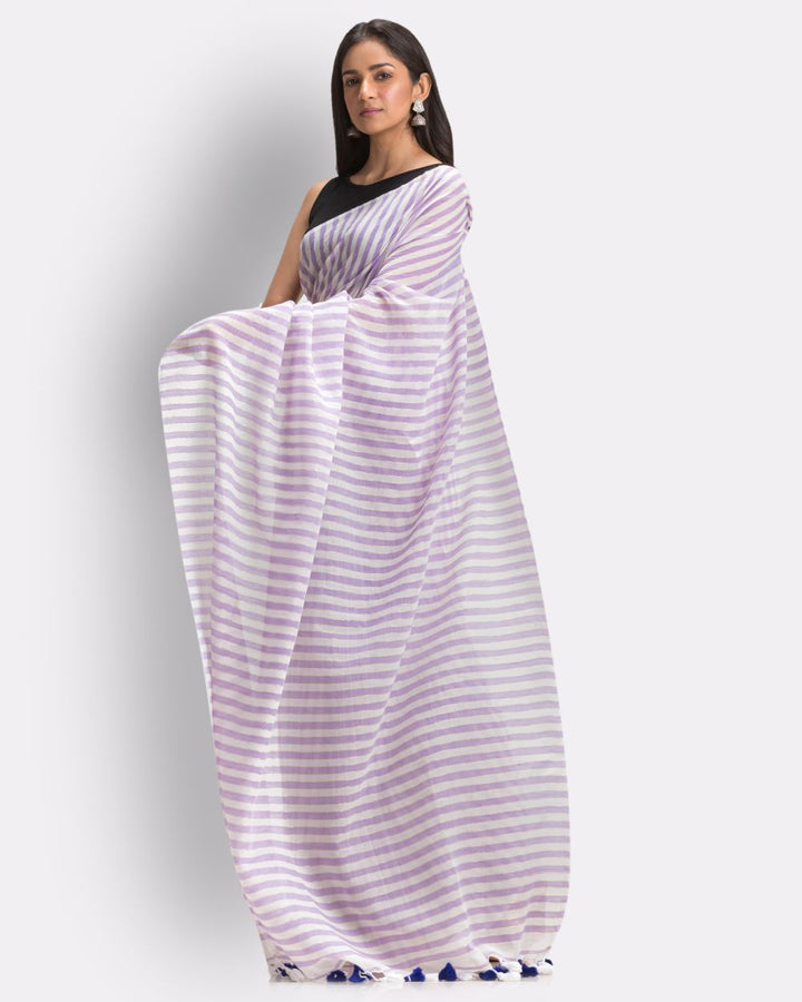 Purple white striped handwoven mul cotton bengal saree