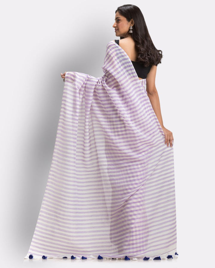 Purple white striped handwoven mul cotton bengal saree