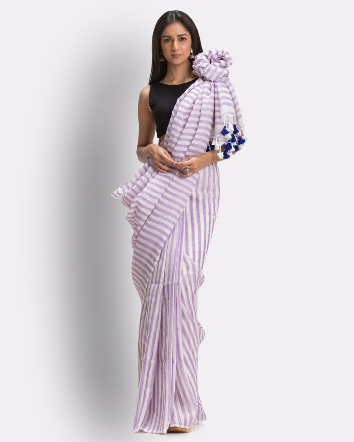Purple white striped handwoven mul cotton bengal saree