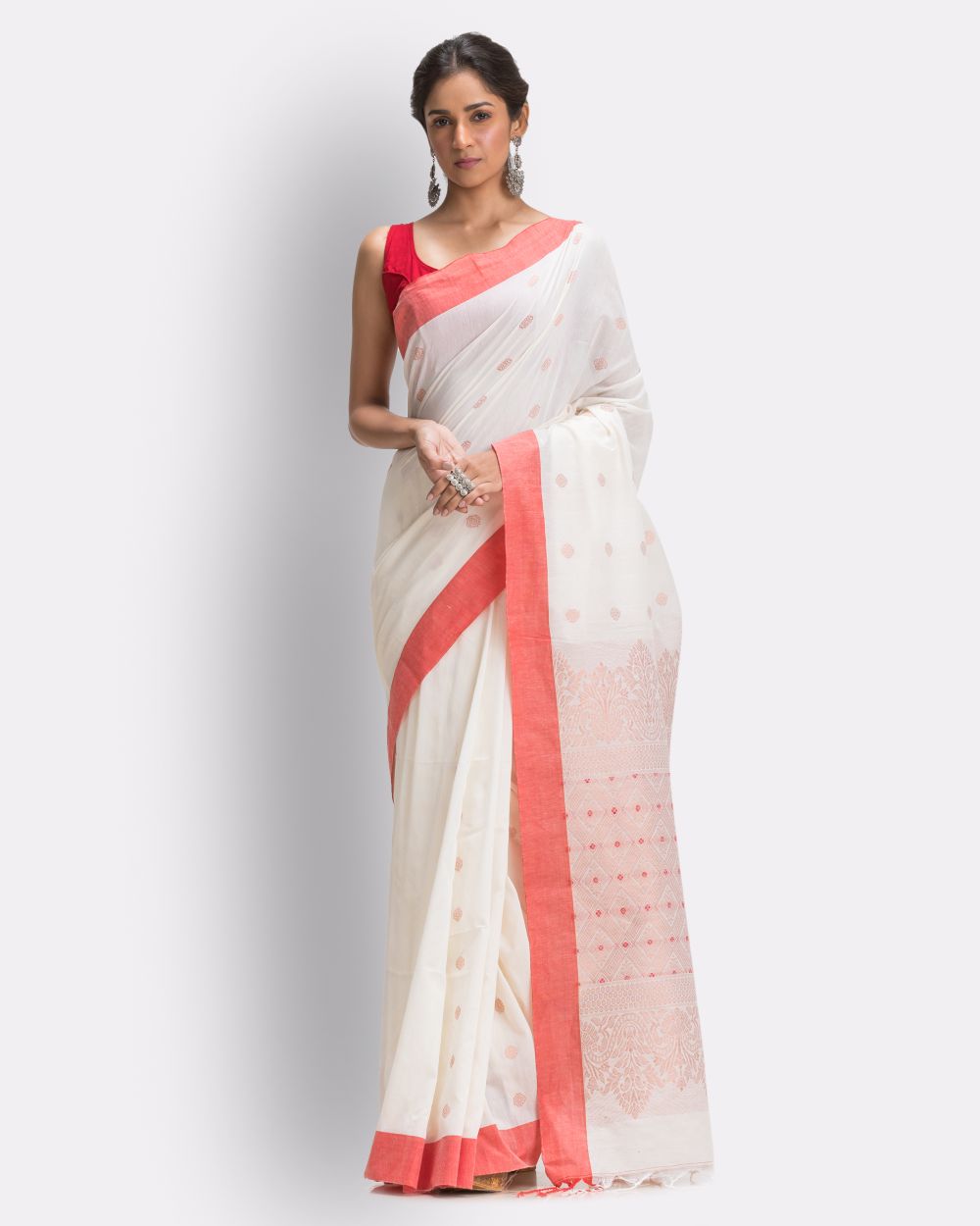 White red handwoven cotton bengal saree